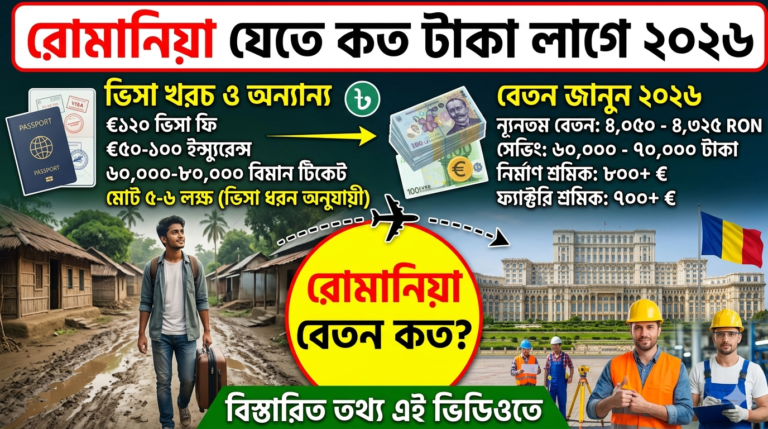 রোমানিয়া ভিসা খরচ ২০২৬ জানুন। বাংলাদেশ থেকে রোমানিয়া যাওয়ার খরচ, ওয়ার্ক পারমিট, বেতন ও জীবনযাত্রার পূর্ণ তথ্য এখানে।