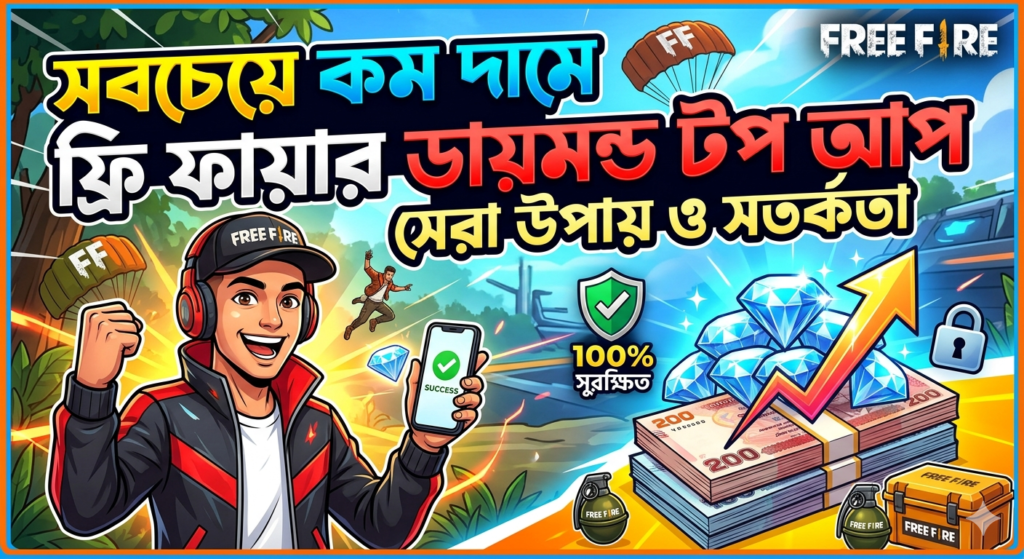 কম দামে ফ্রি ফায়ার ডায়মন্ড টপ আপ করুন বাংলাদেশে। bKash, Nagad দিয়ে সহজে FF diamond কিনুন এবং ফ্রি ডায়মন্ড পাওয়ার সঠিক উপায় জানুন।