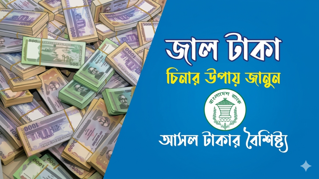 জাল টাকা চেনার উপায় জানুন সহজে। বাংলাদেশী আসল টাকার বৈশিষ্ট্য, জলছাপ, সিকিউরিটি থ্রেড ও ১০০, ৫০০, ১০০০ টাকার নোট চেনার পদ্ধতি বিস্তারিত।