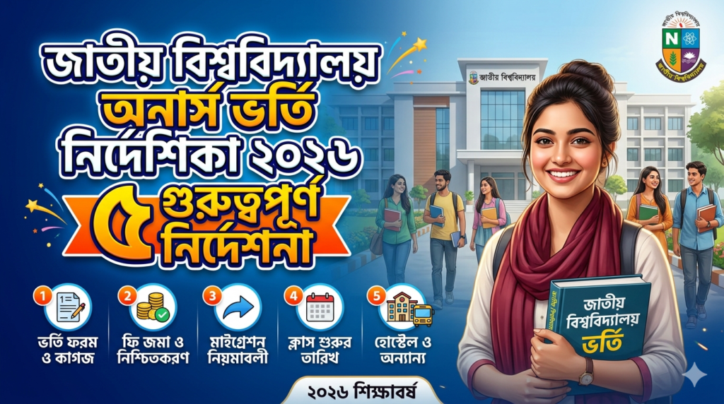 জাতীয় বিশ্ববিদ্যালয় অনার্স ভর্তি নির্দেশিকা ২০২৬ অনুসরণ করে চান্সপ্রাপ্ত শিক্ষার্থীরা নিশ্চয়ন, ফি জমা, মাইগ্রেশন ও প্রয়োজনীয় কাগজপত্র সহজেই সম্পন্ন করুন। বিস্তারিত নির্দেশনা এখানে। (১৪৮ chars)
