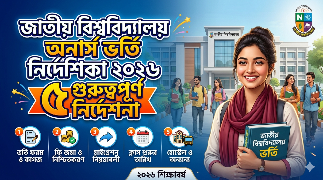 জাতীয় বিশ্ববিদ্যালয় অনার্স ভর্তি নির্দেশিকা ২০২৬ অনুসরণ করে চান্সপ্রাপ্ত শিক্ষার্থীরা নিশ্চয়ন, ফি জমা, মাইগ্রেশন ও প্রয়োজনীয় কাগজপত্র সহজেই সম্পন্ন করুন। বিস্তারিত নির্দেশনা এখানে। (১৪৮ chars)